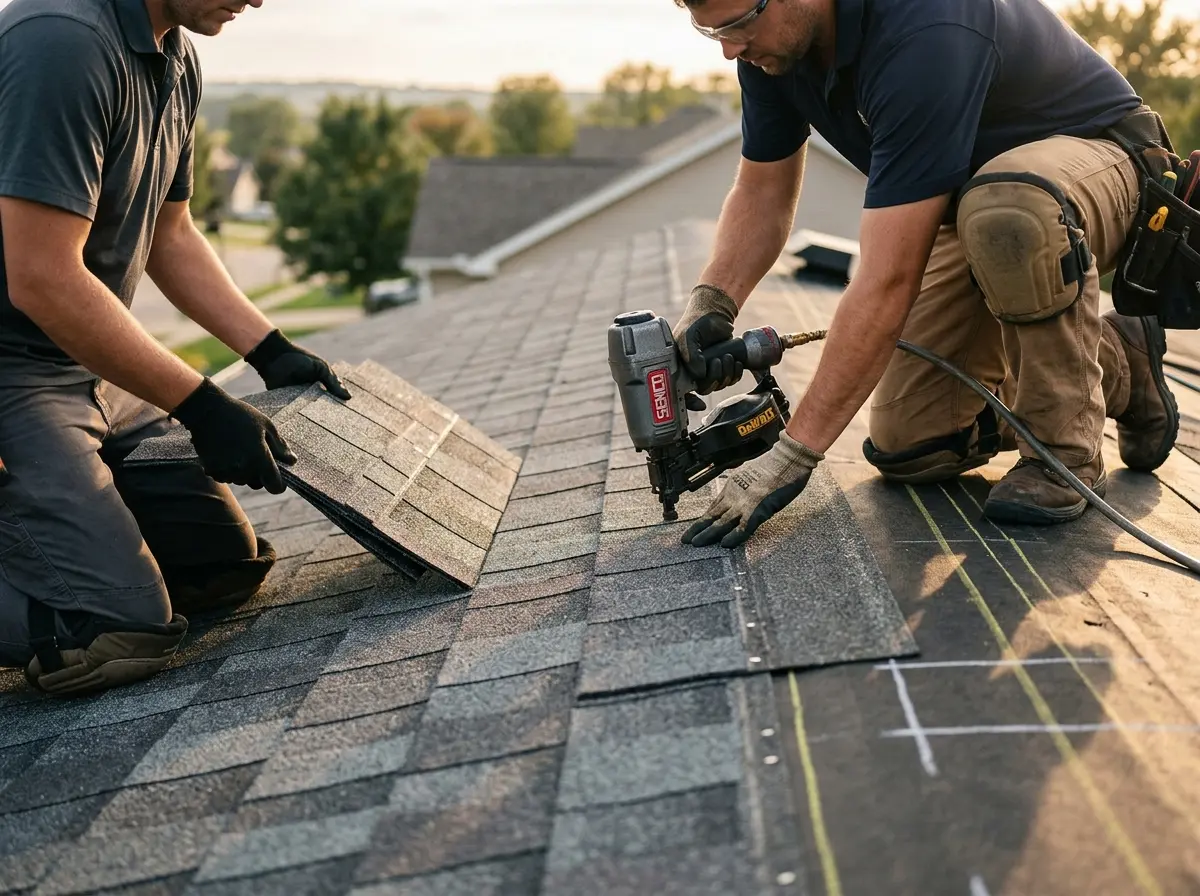 Professional roofer working on a residential roof in Wollochet